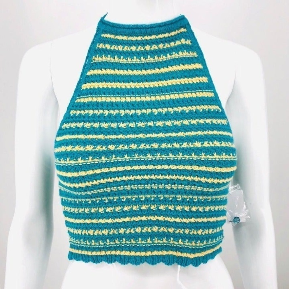 NWT 100% Cotton Crochet Knit Crop Halter Top -Blue